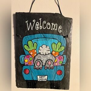 Welcome Easter Slate Sign with Bunny and Carrots